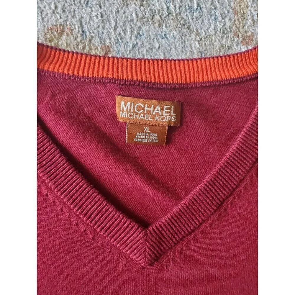 Michael Kors Sweater Mens Size XL Knit Burgundy V Neck Pullover‎ Preppy Classy